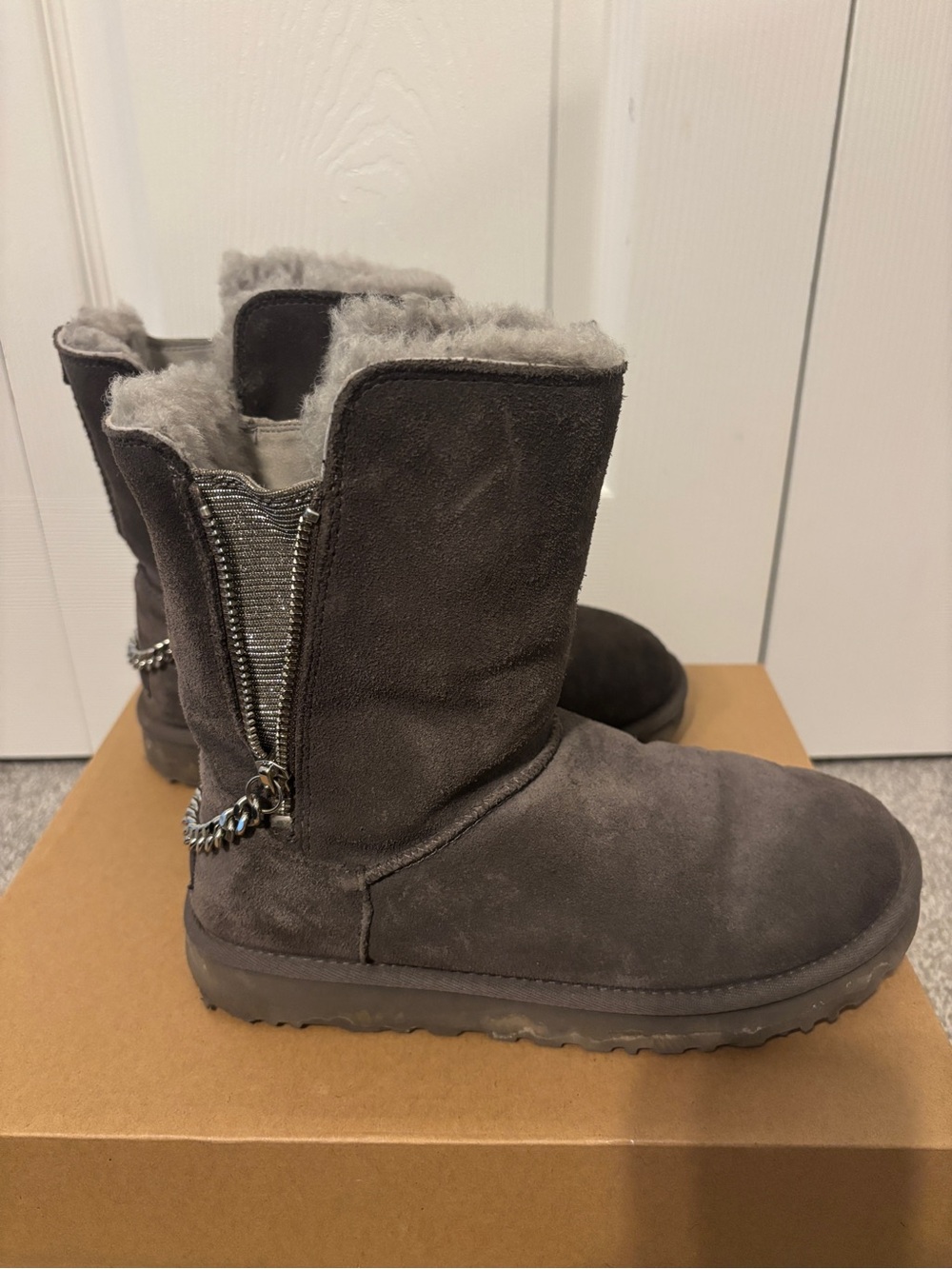 UGG Women's Gray Classic Short Sparkle Zip boot with Chain